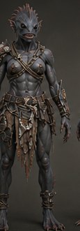 Rah'nas woman, full figure: grey scaled skin, red fin-crest, salvage harness and coral-studded shoulder guard.