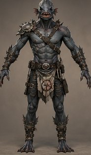 Rah'nas man, full figure: broad grey-scaled frame in leather harness, fin crest raised, denticle skin catching the light.
