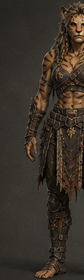 Tigerian woman, full figure: banded fur under scaled leather armour, tail low, stance set.