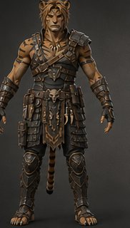 Tigerian man, full figure: heavy layered hide armour over tawny banded fur, gold clan tabard at the belt.