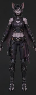 Zu'bat woman, full figure: dark practical gear, wing membrane folded along the forearms, tall ears alert.