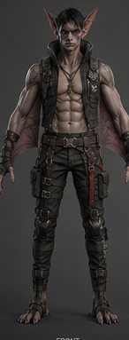 Zu'bat man, full figure: lean build, red-membraned ears and forearm wings, salvage lantern at the hip.