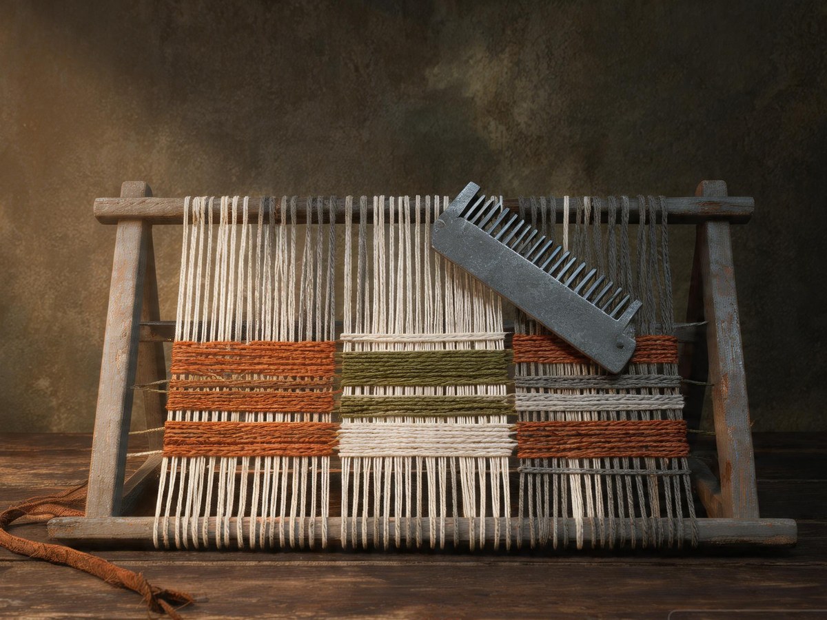 A small loom holding a half-woven hold banner in rust, olive and bone stripes, the comb resting in the warp.