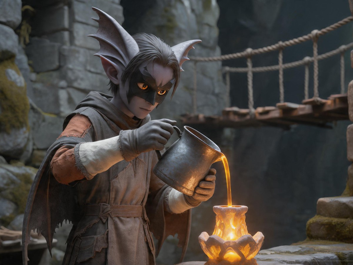 A masked Zu'bat in a leather apron pouring hot amber resin into a lantern shell at a bridge-side bench.