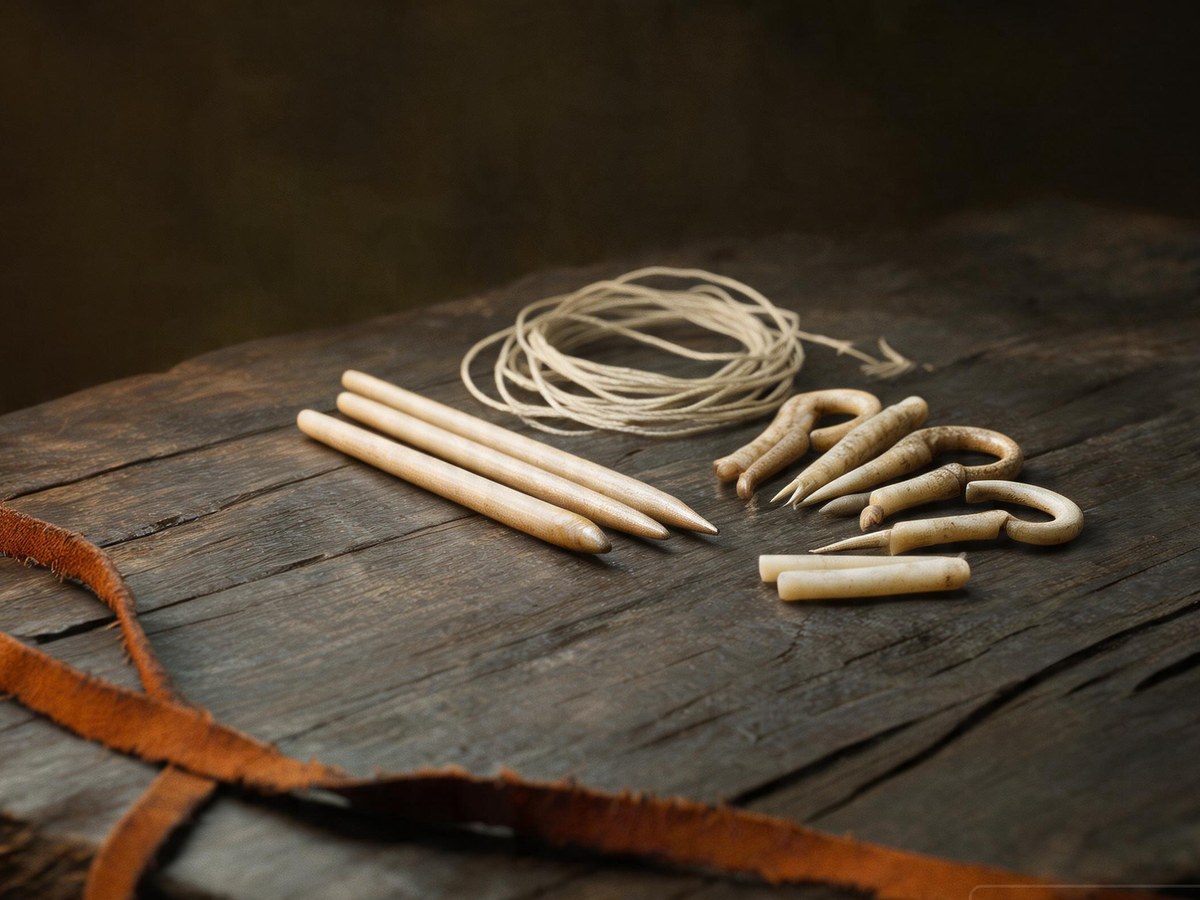 A net-mender's kit laid out on weathered planks: carved netting needles, a coiled pale line, a strip of leather.