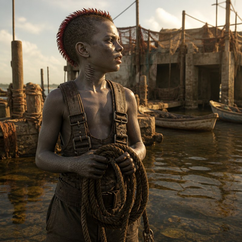 A young Rah'nas rope-hand at the waterline coiling a heavy line, red crest bristling: gill-lines fresh and unscarred, scale patterning down thin arms, flooded pilings and beached boats in the evening light behind.