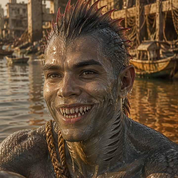 A young Rah'nas man just surfaced in a drowned harbour, water running off grey-green scaled skin: a crest of red-tipped fin-spines, gill lines down the neck, a rope across one shoulder, and a wide grin of interlocking needle teeth.