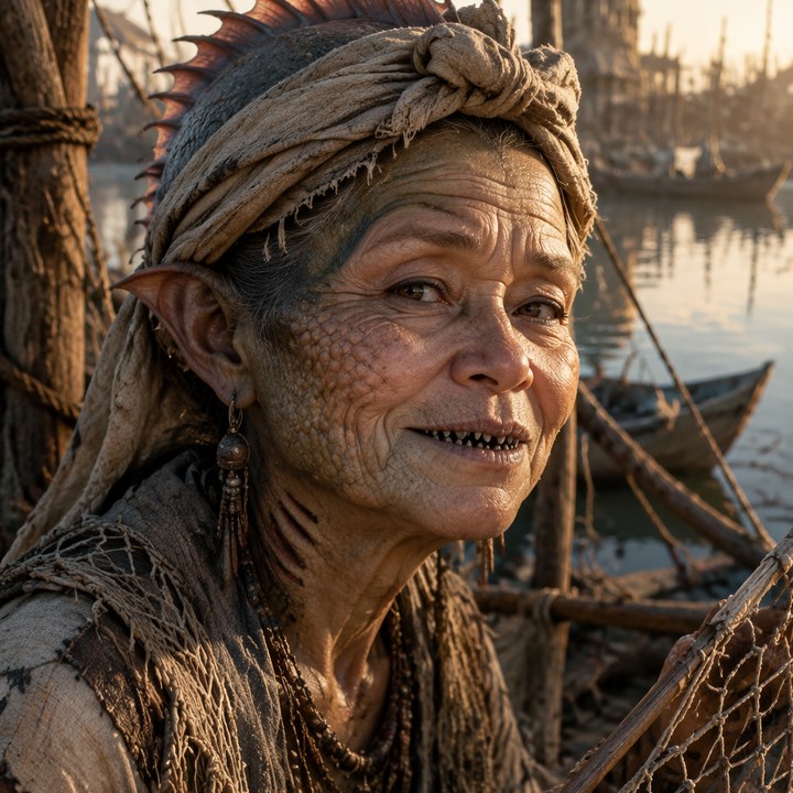 An old Rah'nas woman under a knotted salt-cloth head wrap, her faded fin-crest rising above it: fine scale across one cheek, notched gill-scars down the neck, a half-smile of dark needle teeth, nets and mooring stakes behind her at dusk.