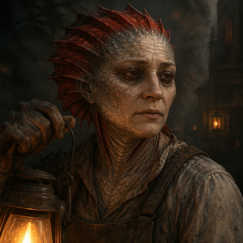 A weary middle-aged Rah'nas lamplighter lit from below by the lamp she carries, tall red fin-spine crest laid back, gill-striations down a lined throat, grey scale patterning across her cheek and jaw; soot on her hands and a worn work apron.