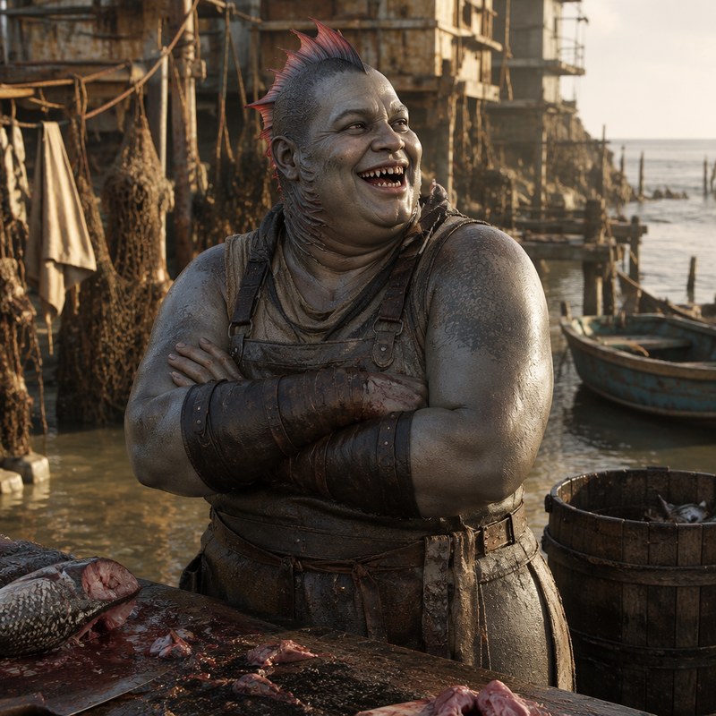A heavy, laughing Rah'nas fishwife at her gutting table, arms crossed in bloodied leather bracers: red fin-spine crest, gill-lines down a thick neck, grey denticle skin, a gap-toothed grin of pointed teeth, stilt houses and moored boats behind.