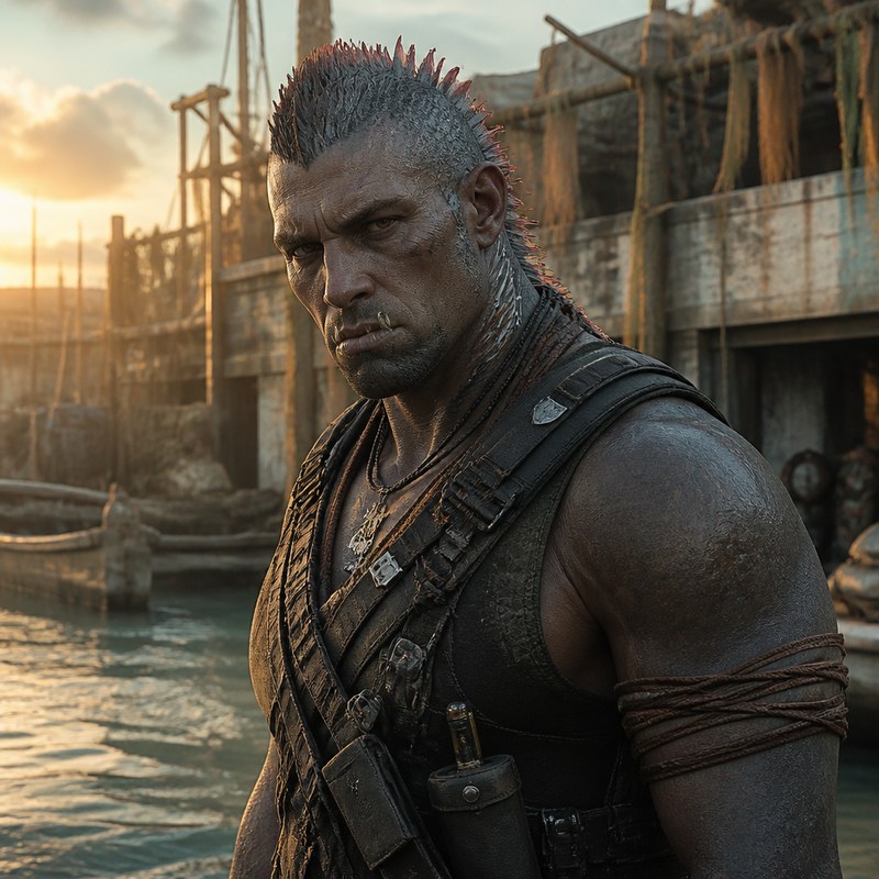 A massive Rah'nas veteran at dusk, greying red-tipped crest and deep gill-striations, small under-teeth showing over his lip: a knife-hung bandolier across bare shoulders, salvage docks and hulls behind him in the last light.