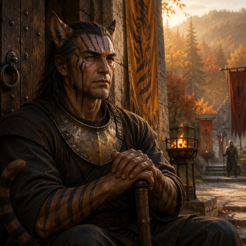 An old Tigerian gatekeeper seated against the iron-ringed gate door, hands stacked on a worn staff: heavy banding on a deeply lined face, gorget dulled by years, long grey-streaked hair past his ears, a brazier and banners at his back.