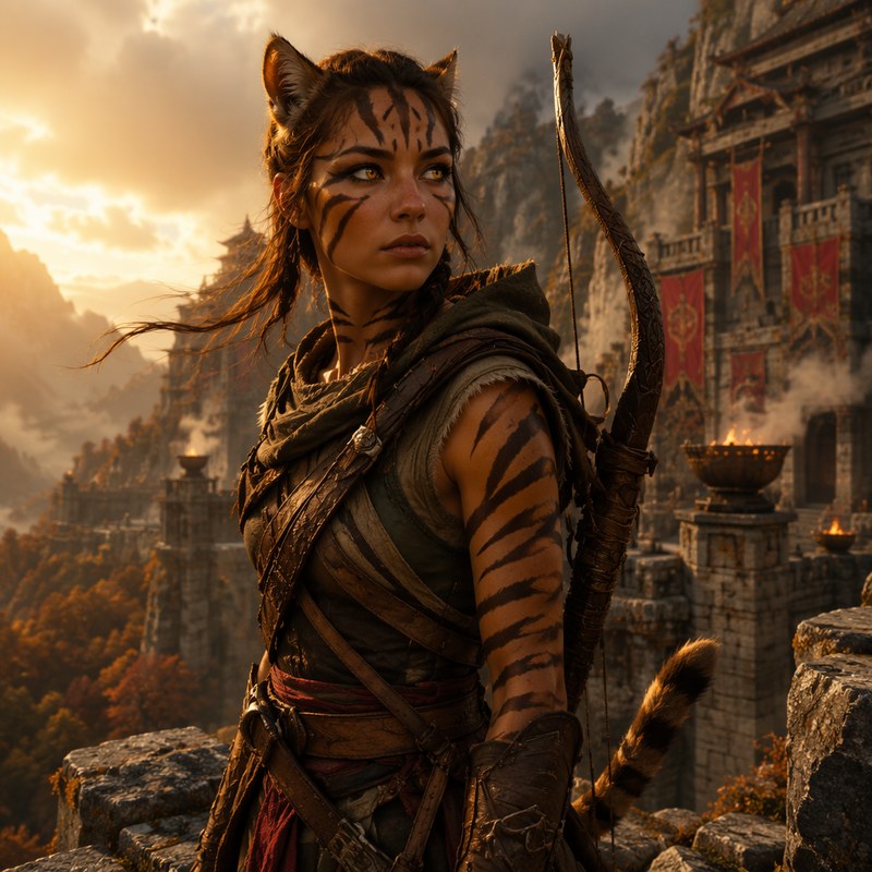 A Tigerian huntress on a rampart at sunrise, bow over her shoulder: bold dark banding lying across her open face and bare arms, gold eyes looking off-frame, feline ears in loose wind-blown hair, banner towers and autumn forest below.
