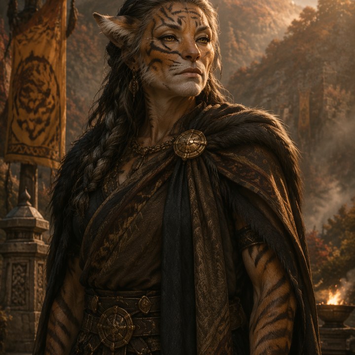 A Tigerian matriarch, dark banding across her face and bare forearms, white streaking her braided hair: a fur-mantled cloak pinned with a worn bronze disc, her gaze set past the frame, hold banners and an autumn valley behind her.