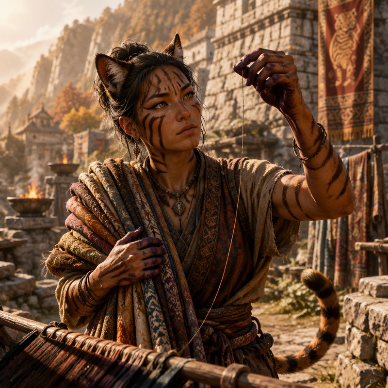 A Tigerian banner-weaver at her loom-rail, one dye-stained hand drawing a thread high: banding across her face, feline ears through pinned dark hair, a bolt of woven banners over her arm, the hold wall warm behind her.