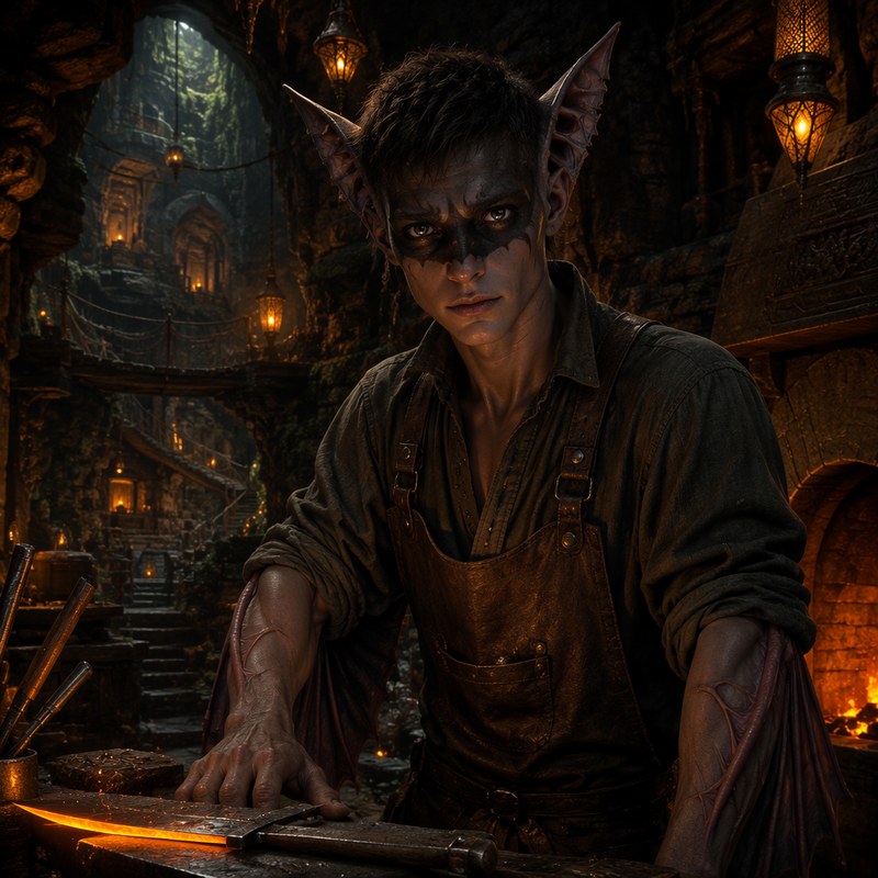 A young Zu'bat forgehand at his bench over a glowing worked blade: wide ridged membrane ears, hard-edged pelt mask, wing membrane folded along both forearms, leather apron, the lantern-lit warren falling away behind him.