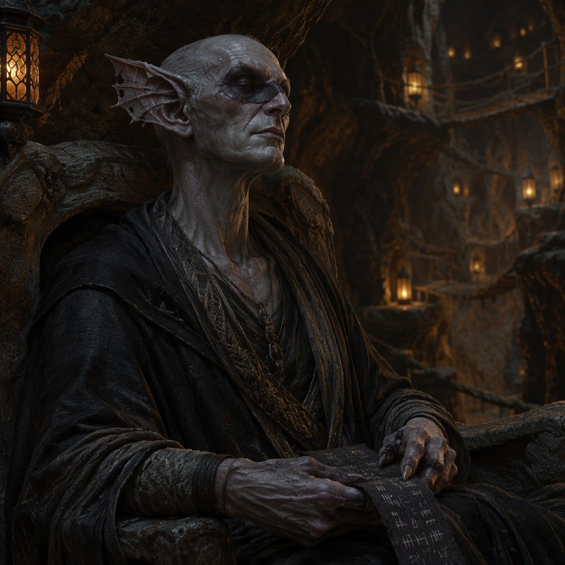 An ancient Zu'bat listener seated with eyes closed, a tally-cloth of stroke-marks across his knees: one great torn membrane ear turned to the dark, pelt mask faded with age, beads and pendulum-weights at his neck, the warren's lanterns far below.