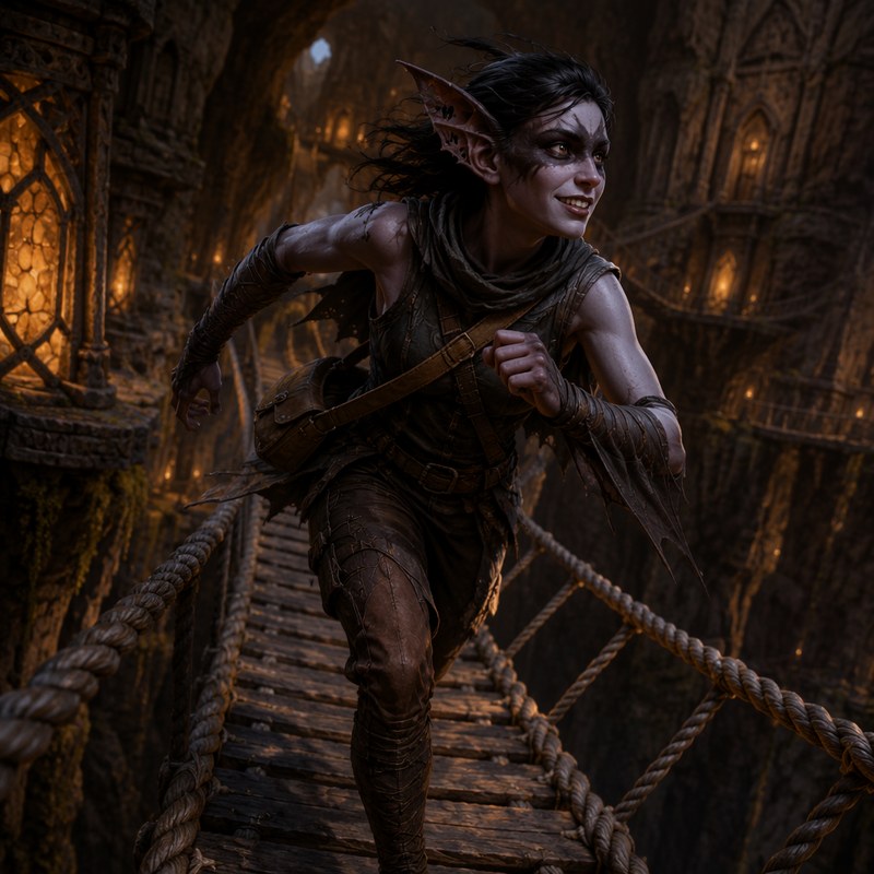 A Zu'bat runner mid-stride on a rope bridge over the warren gulf, grinning: tall torn-edged membrane ears, dark pelt mask across the eyes, grey-mauve skin, a satchel strapped tight, lanterns burning in the dark tiers behind.
