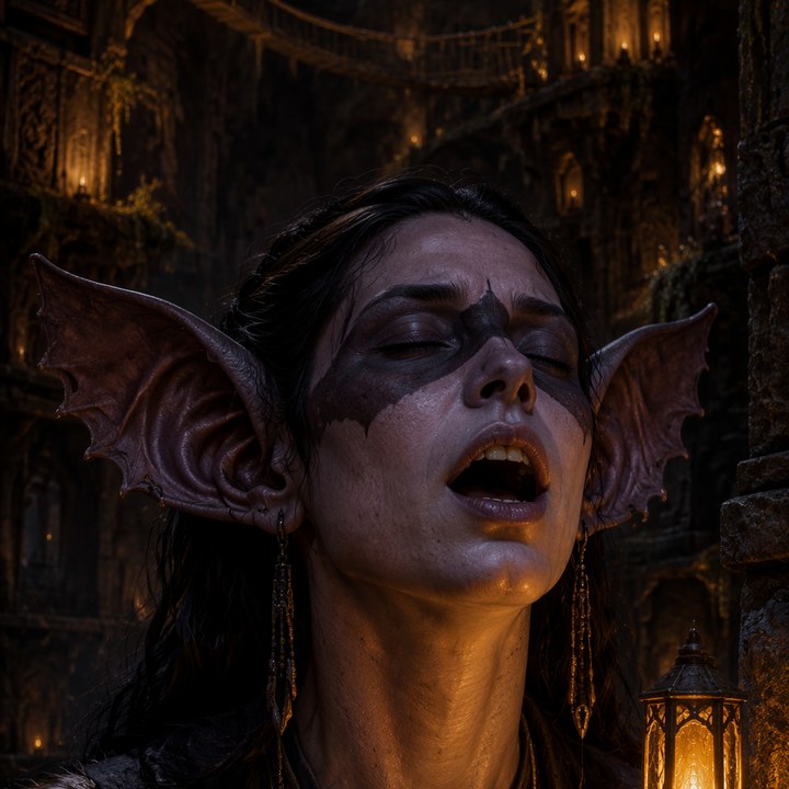 A Zu'bat woman mid-song, eyes closed and mouth open, great veined membrane ears spread wide: a dark pelt mask across her eyes and nose, lantern-light on her throat, warren tiers rising into the dark behind her.