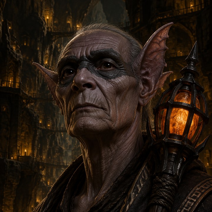 An old Zu'bat man, deep-lined grey-mauve face with the dark eye-mask worn to mottling, tall notched membrane ears: a caged amber resin lantern on a staff at his shoulder, the lamplit warren cliffs behind him.