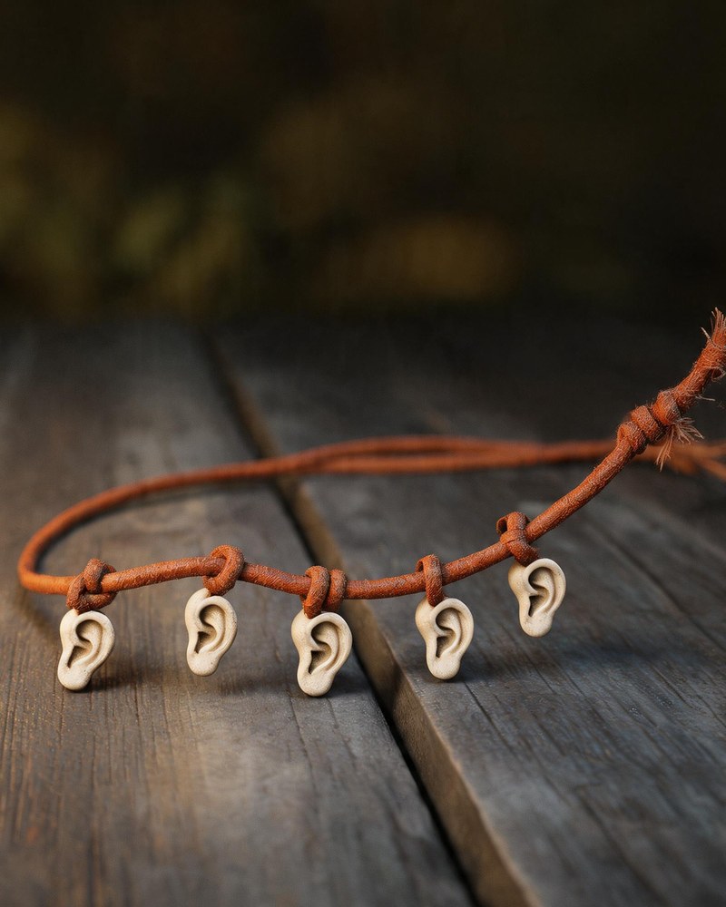 A leather cord strung with small pale carved charms, knotted either side of each one, hanging against a dark wall.