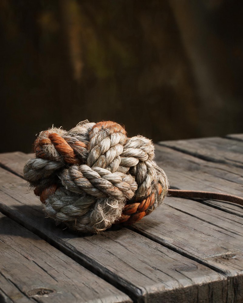 A dense fist-sized knot of weathered rope on a plank table, its strands turning back into themselves with no loose end anywhere.