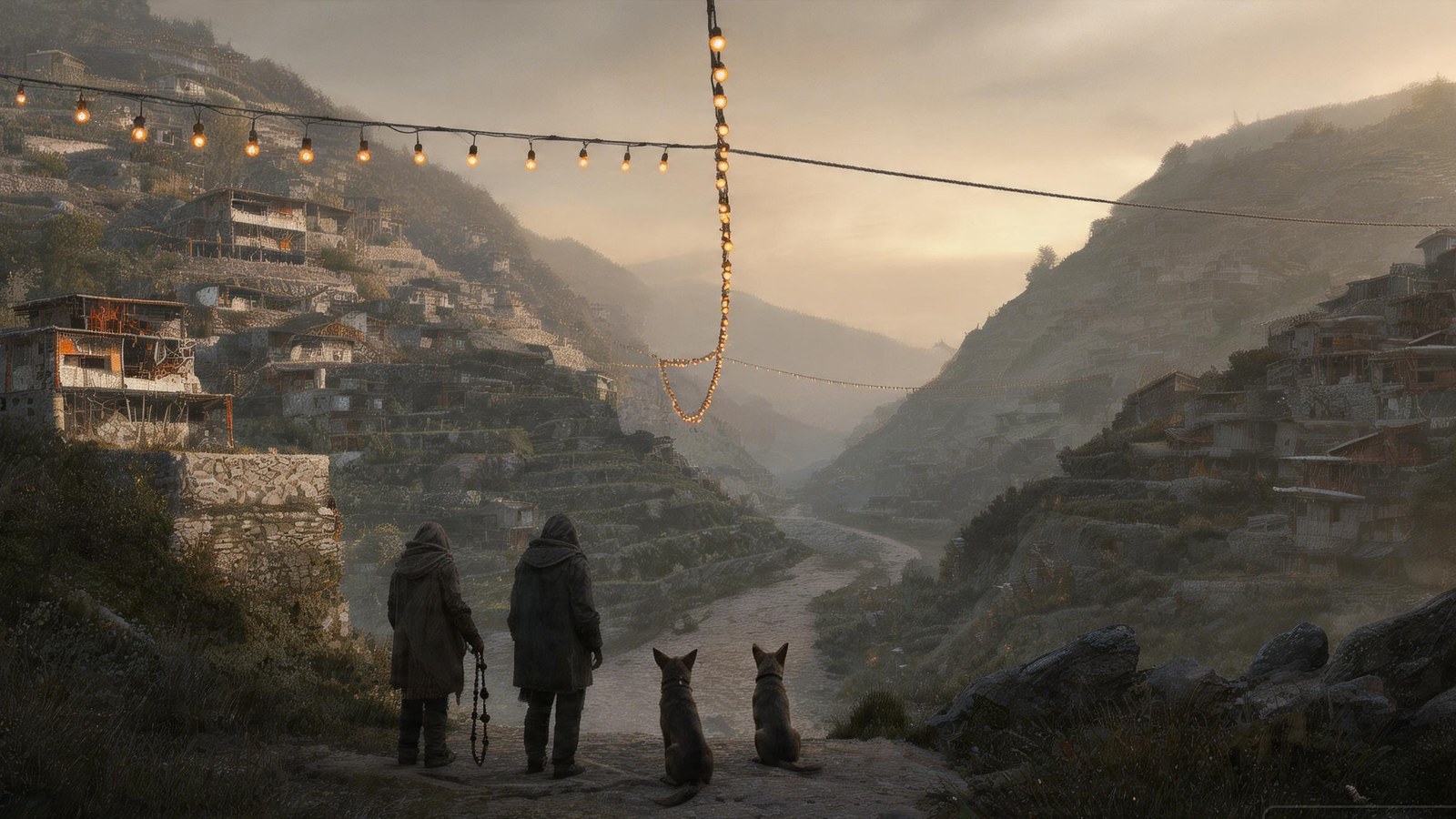 Grey-gold dawn on the lamp lane: the near stretch of rope still carrying lit lamps, the far stretch bare; two figures stand stopped beneath it, and two lane dogs sit rigid beside them, all facing the bare rope.