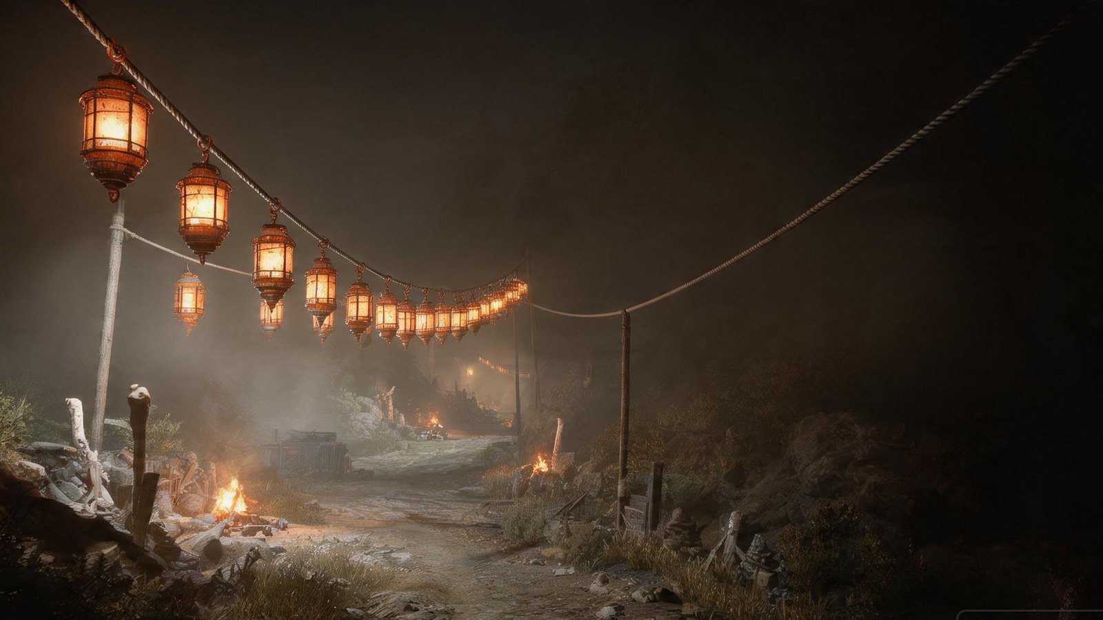 The festival lamp lane at night: a rope of amber lamps swaying over the dark path, warm fires beyond — and the far stretch of rope hanging bare.