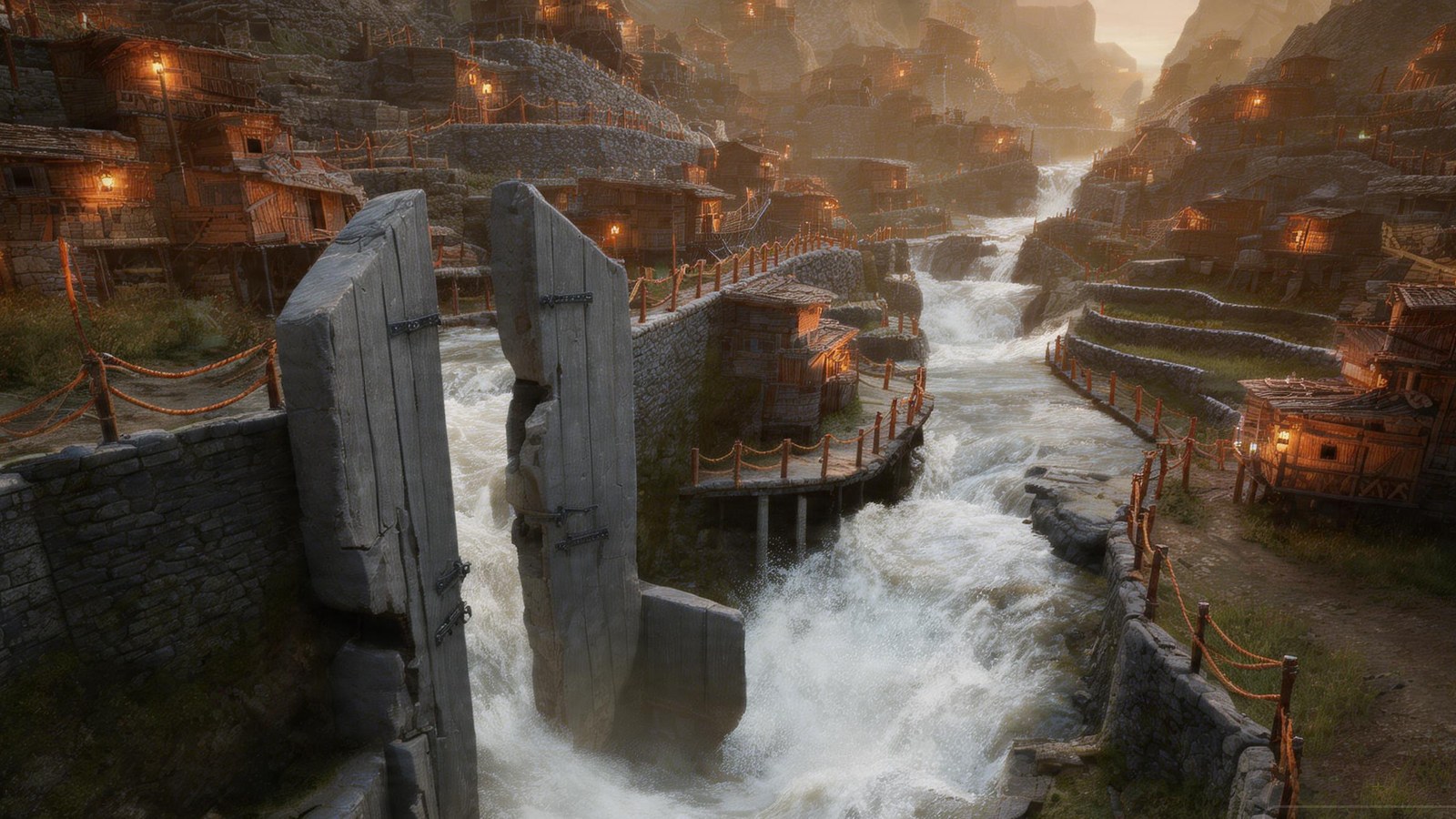 Broken stone lock-gates mid-river, white water forcing through, timber dwellings and lamps crowding both banks.
