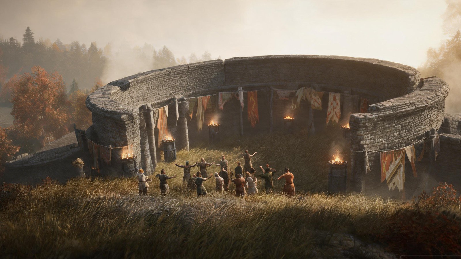 A ring of ancient walls on a hilltop above the treeline, a small crowd gathered inside in the evening light.