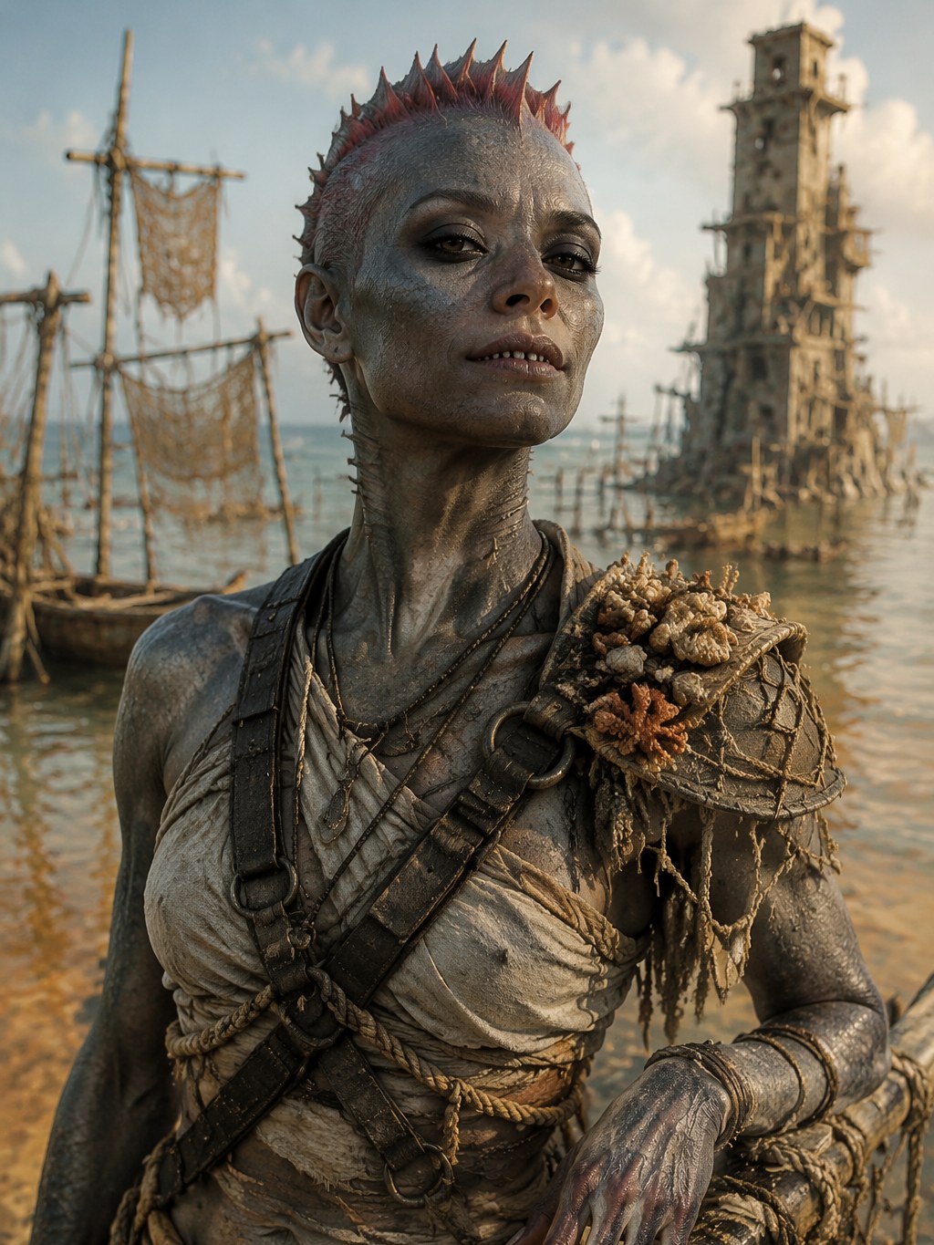 A Rah'nas woman: grey scaled skin, a crest of red fin-spines, a blunt snub muzzle and needle teeth.