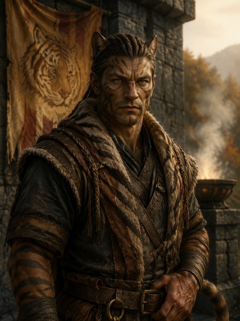 A Tigerian man: tawny fur with vertical tiger banding, gold eyes steady, braids pulled back.