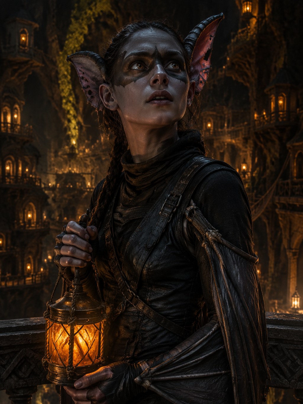 A Zu'bat woman: grey-mauve skin, a dark fur mask across the eyes, tall notched membrane ears.