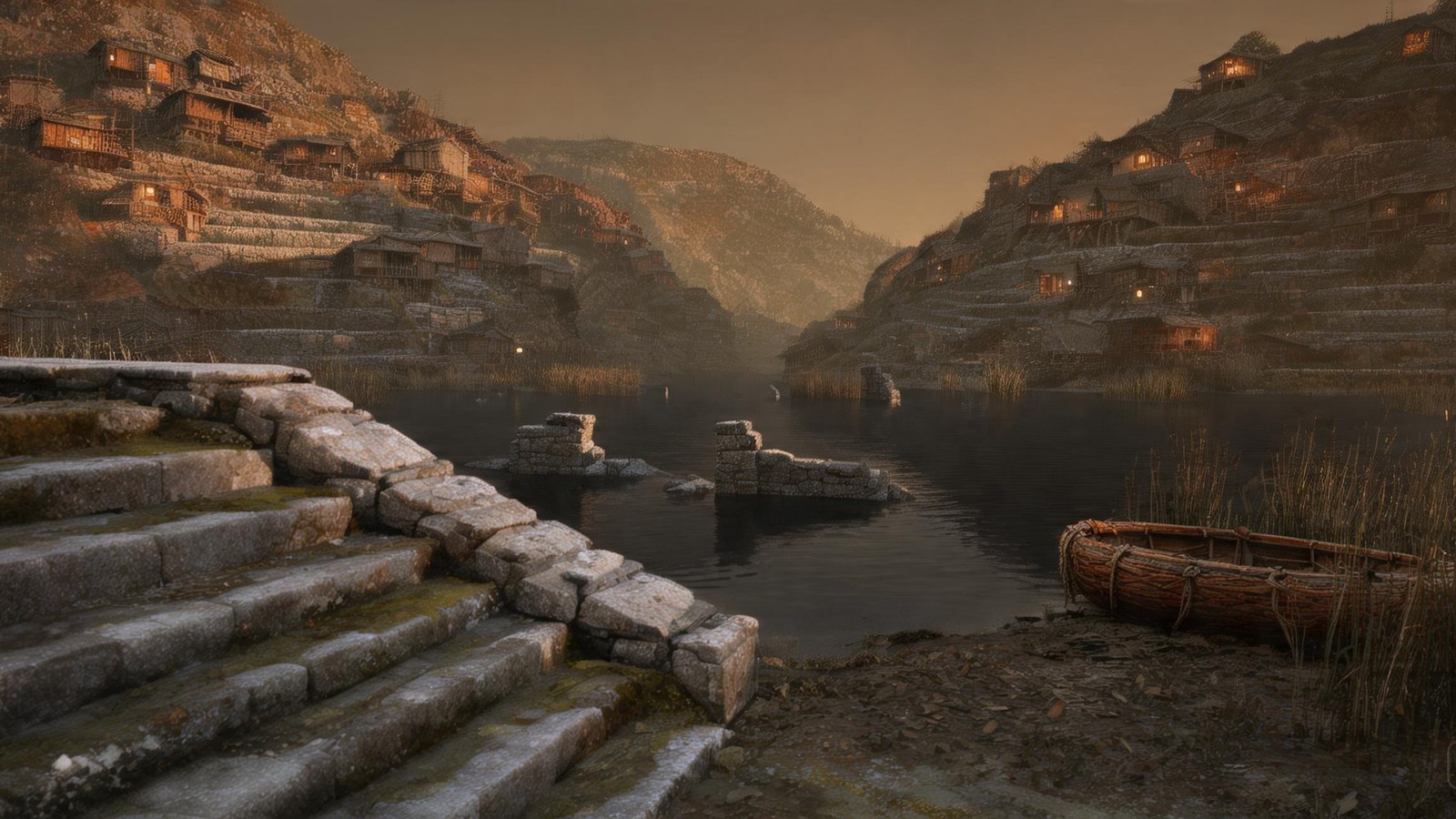 The flooded basin at dusk: a stone stair descending into dark water, drowned masonry, a beached coracle in the reeds.