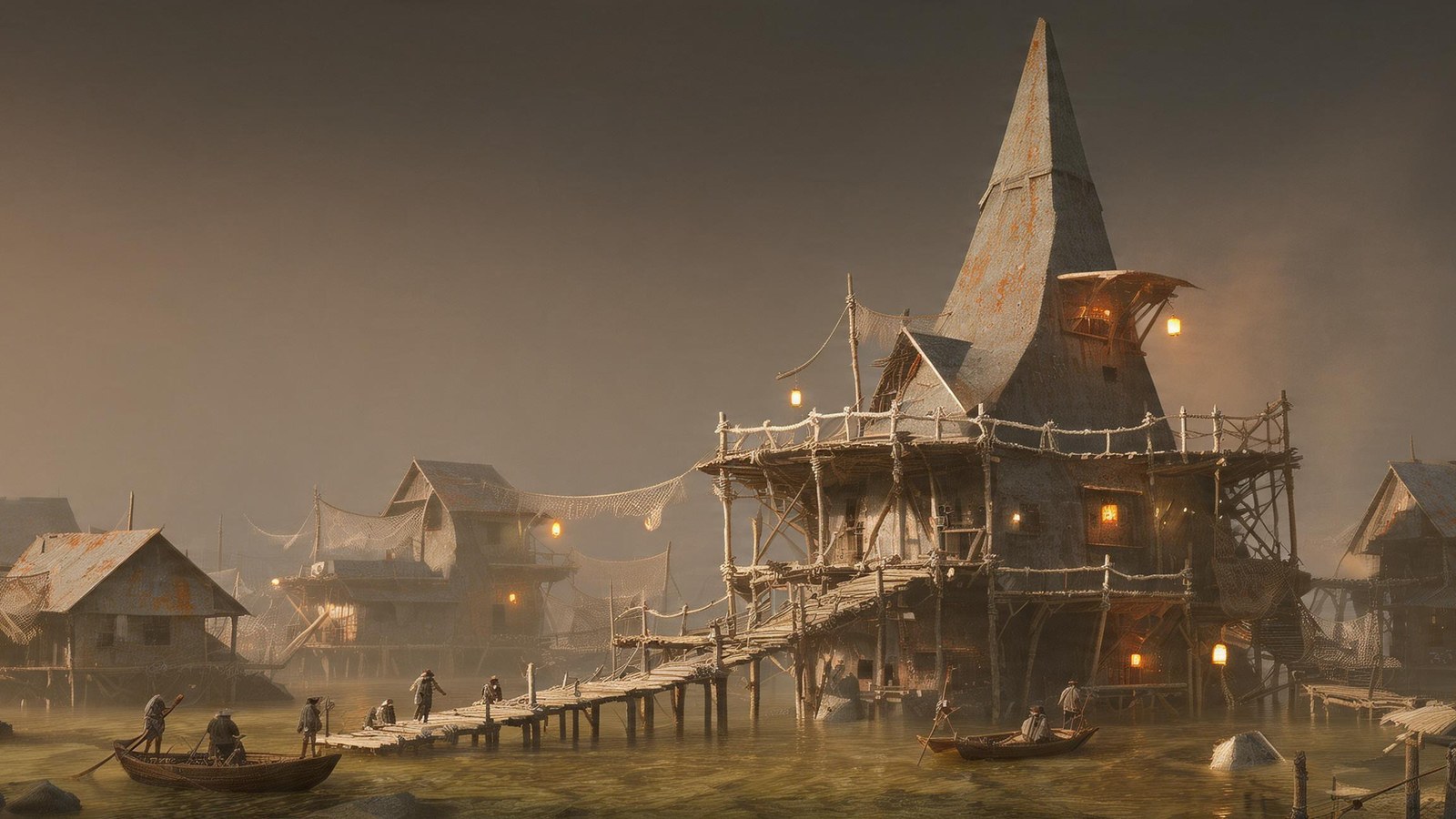 The drowned coast at dusk: a spired stilt-hall over amber shallows, net-hung walkways, lamps coming on.