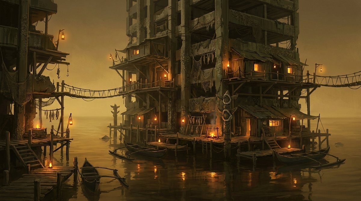 A stilt village built into a drowned concrete tower at night, lit by dozens of hanging amber lanterns over still water.