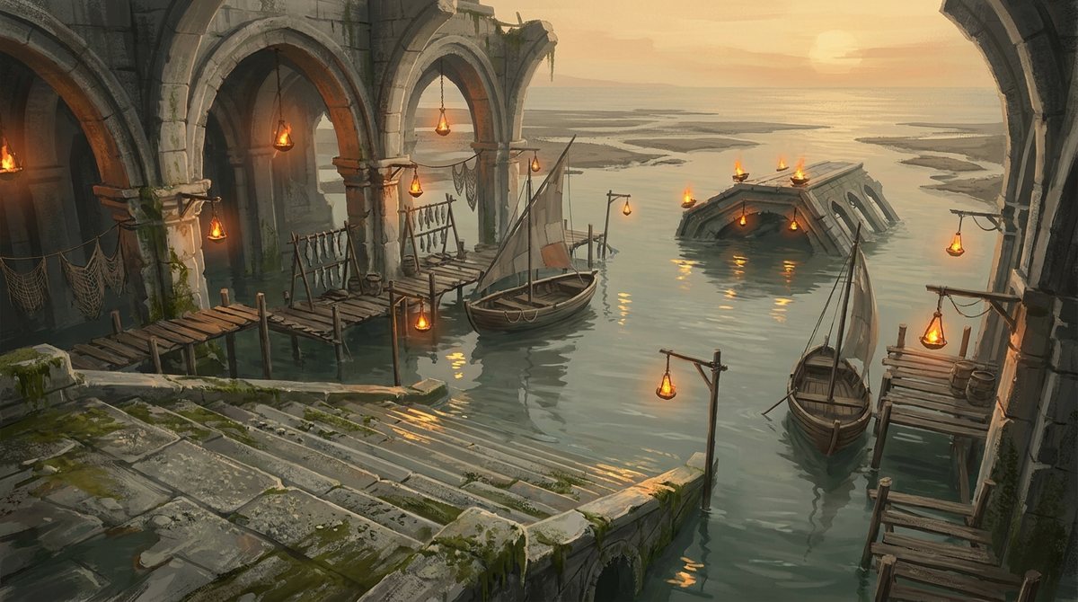 A colossal ruined archway standing in flooded shallows at dusk, small boats passing through its mouth.