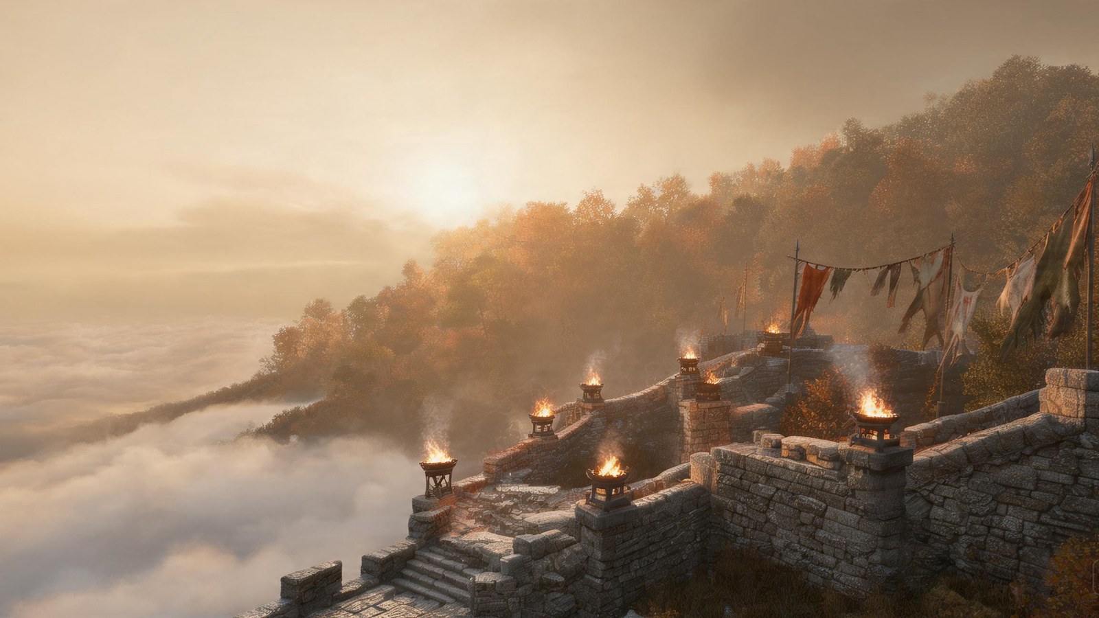 Highland hold terraces above a sea of cloud, braziers burning, banners strung between poles.
