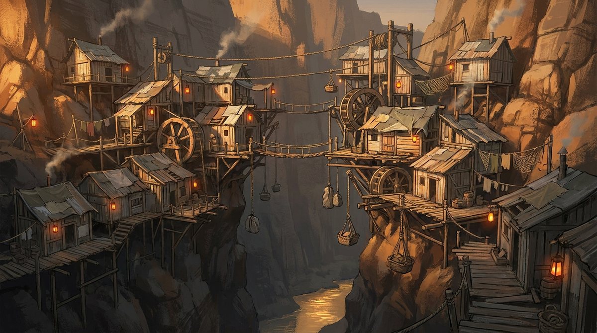 A canyon town of timber houses and water-wheels strung across a gorge on rope bridges at dusk.