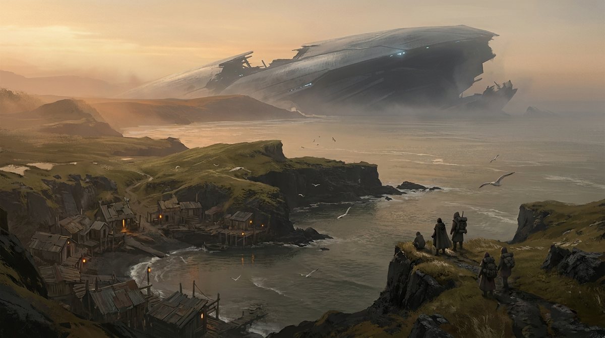 A weathered landmark structure rising from open water, hung with the salvage of generations.