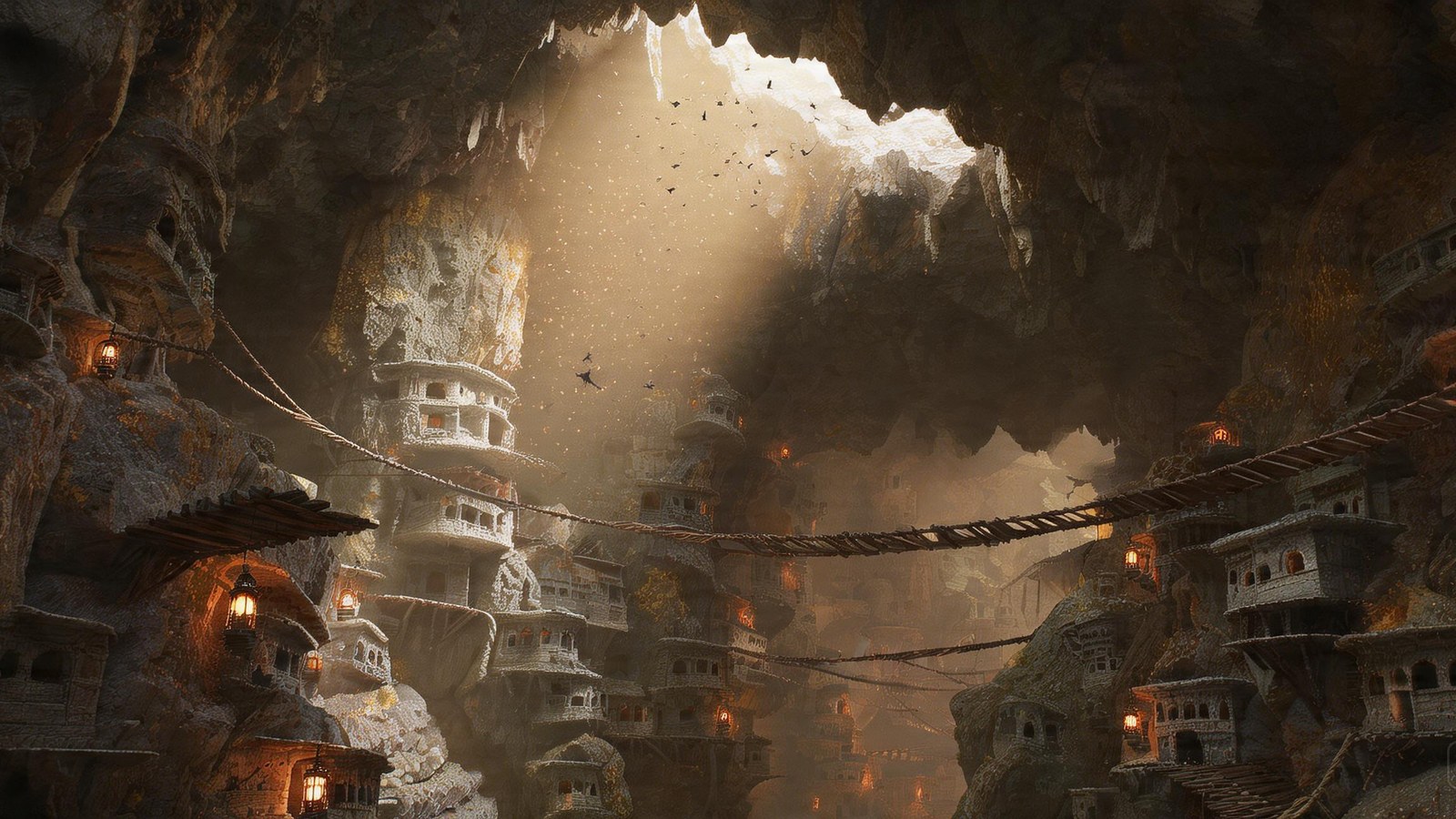 The warren: a carved cavern city under one great blade of daylight, lanterns in the dark tiers.