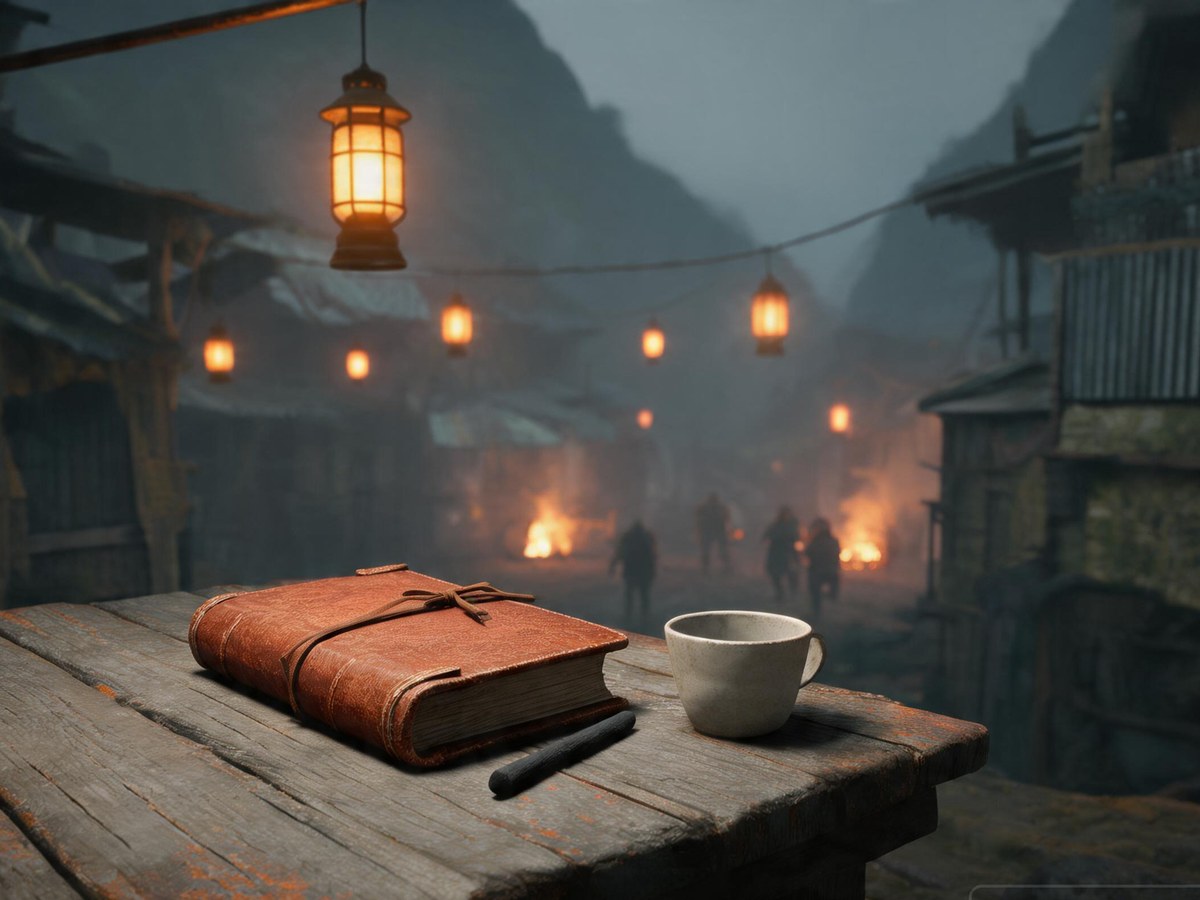 The keeper's ledger closed and corded on a plank table under a hanging lantern, a charcoal stick and a cup beside it, the lamp lane hazed behind.