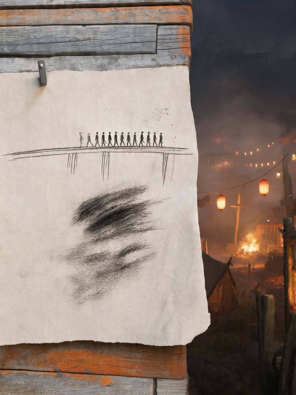 A charcoal sketch on rag-paper pinned to a timber wall: a column of narrow figures crossing a bridge in perfect file, the drawing half-obliterated by a hard thumb-smudge.