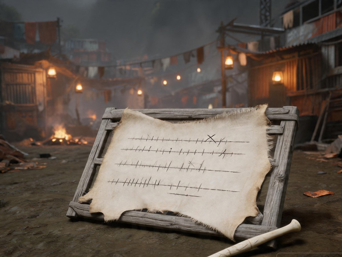 A hide stretched in a rough wooden frame, scratched with rows of small rising and falling marks that stop partway; a bone stylus lies in front of it.