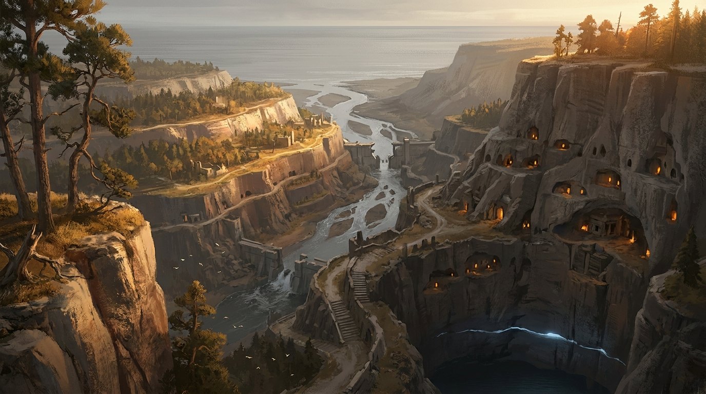Painted vista of the Long Stair: a river descending a terraced gorge to the sea, cliff dwellings lit amber on the right, and at the bottom of the gorge a dark pool crossed by one thin cold-blue seam of light.