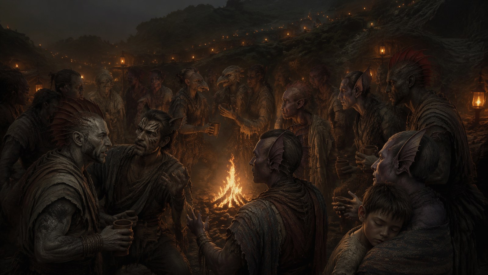 Festival night: a crowd of all three peoples around one banked fire — fin-crests, banded faces and tall ears in the same firelight, a child asleep on a shoulder — while the lamp lane climbs the dark slope behind them.