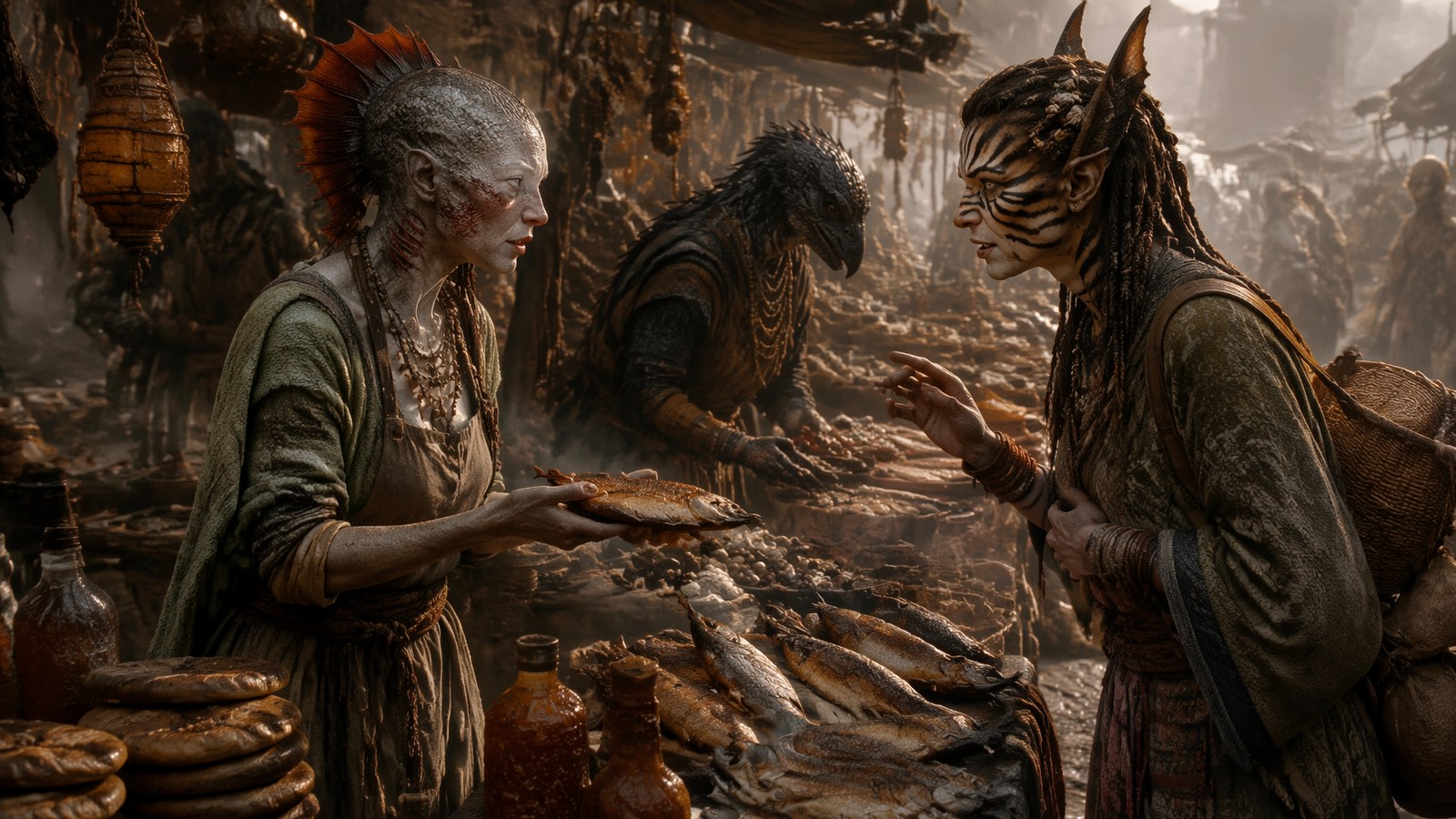 Morning market in the village bowl: a Rah'nas fishwife, red fin-crest raised, offers a smoked fish across the trestle; the Tigerian buyer's face and forearms carry bold dark banding; behind them a black-feathered, beaked Kravaan trader bends over the stall.