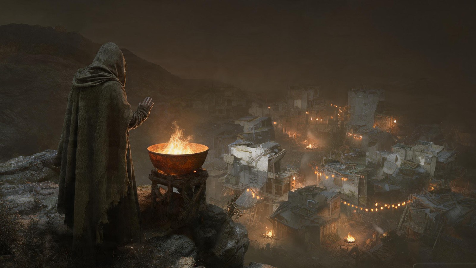A hooded keeper banks the Watch brazier at night; far below, the village fires and the lamp line answer.